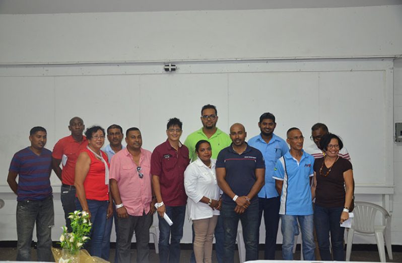 L-R: Committee member Paul Jiwanram, assistant secretary/treasurer John Bennett, GMR&SC office executive Desiree Lee, secretary Azim Jaffar, treasurer Noel Shewjattan, Committee members Kamal Seebarran and Diana D’Ornellas, president Rameez Mohammed, vice-president Hansraj Singh, committee member Azaad Hassan, technical adviser Brian Ten Pow, club captain Sunil Persaud and office executive Cheryl Gonzales.