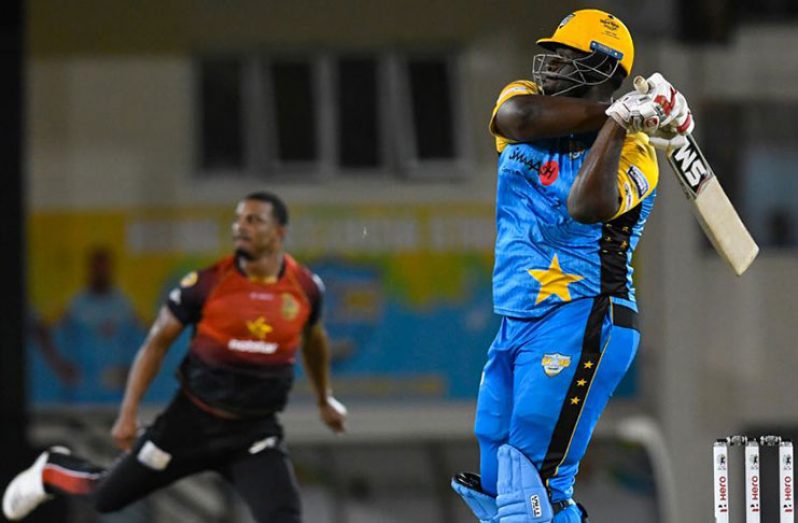 Rahkeem Cornwall goes on the attack during his top score of 75 against Jamaica Tallawahs on Thursday night.