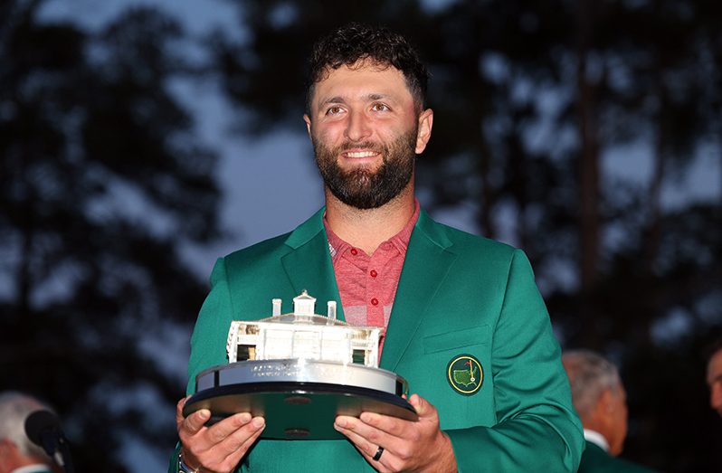 Jon Rahm celebrates with the Masters trophy .(Getty Images)