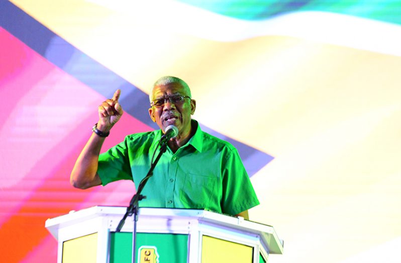 President David Granger addressing thousands of supporters in Rose Hall on Sunday