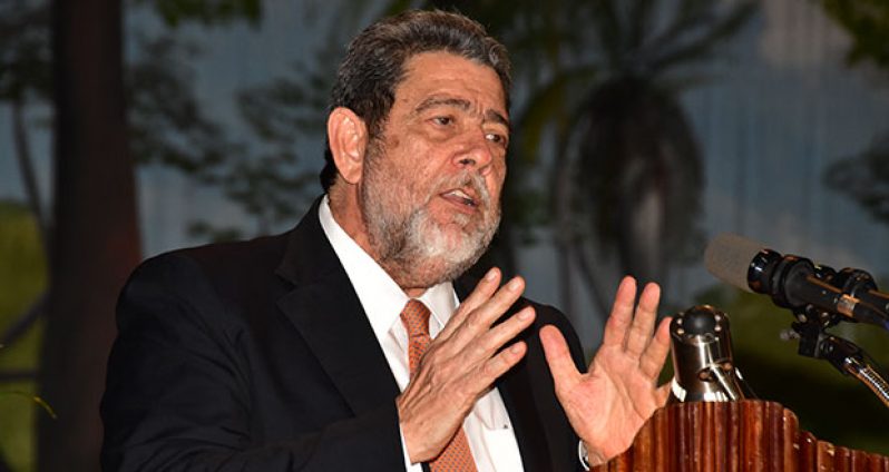 Prime Minister of St Vincent and the Grenadines, Dr Ralph Gonsalves makes a point during his address at the 37th Regular Meeting of the Conference of Heads of Government of CARICOM on Monday
