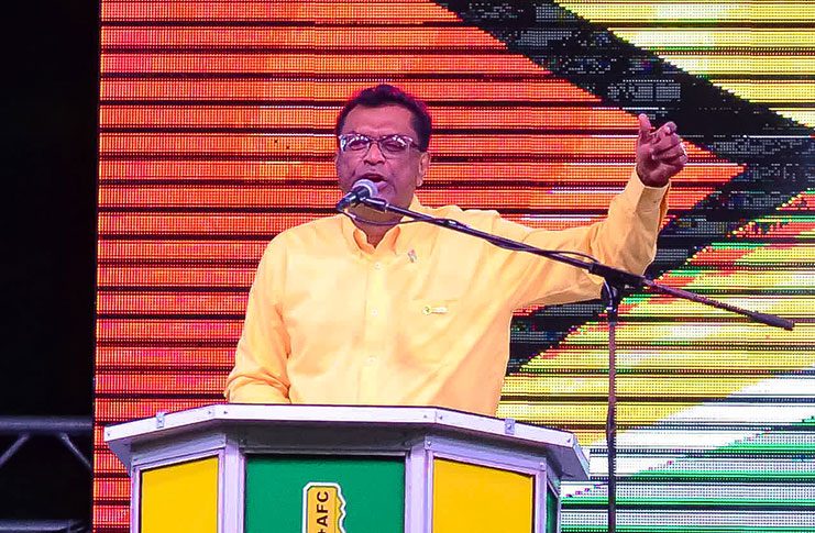 Prime Ministerial candidate of the APNU+AFC Coalition, Khemraj Ramjattan, as he addressed the crowd at Durban Park on Saturday night