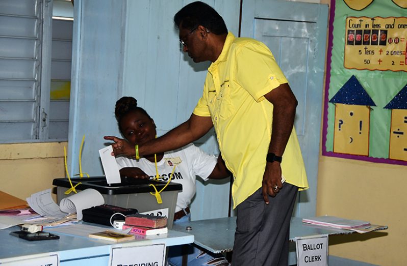 APNU+AFC prime ministerial candidate, Khemraj Ramjattan, casting his ballot in Monday’s Elections (Adrian Narine photo)