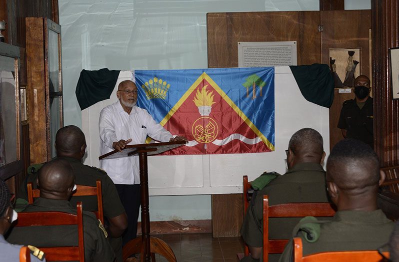 Former President Donald Ramotar addresses GDF ranks, with his Presidential Standard on display, at the Military Museum, Base Camp Ayanganna (GDF photo)