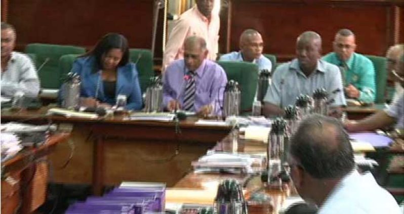 Minister of Agriculture Dr. Leslie Ramsammy flanked by officials from his Ministry addressing members of the Parliamentary Sectoral Committee on Economic Services, yesterday