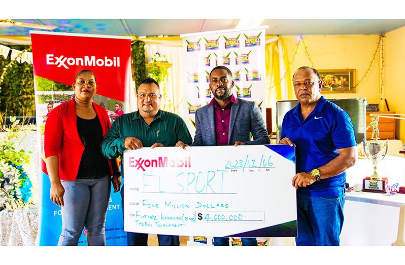 From left: Education Officer (Primary) Surya Mahadeo, FL Sport’s Co-Director John Ramsingh, ExxonMobil’s Ryan Hoppie, and Leslie Solomon of the Berbice Cricket Board