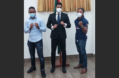 Minister of Culture, Youth and Sport, Charles Ramson Jr, sharing a light moment with Ijaz Cave and Corwin D’Anjou, the only two representatives for Guyana at the IMMAF World Championships in Abu Dhabi
