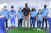 Minister of Culture, Youth and Sport, Charles Ramson (centre) with GYSBI staff. Also in the photo is GYSBI Government Liaison Officer, Robin Chandarpaul (far left)