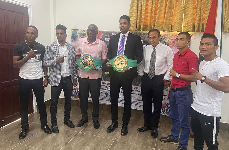 Minister of Sport Charles Ramson Jr, Director of Sport Steve Ninvalle along with promoter Aleem Hussain, Guyana Boxing Board boss Peter Abdool, with the fighters ahead of tonight's showdown at the Guyana National Stadium, Providence