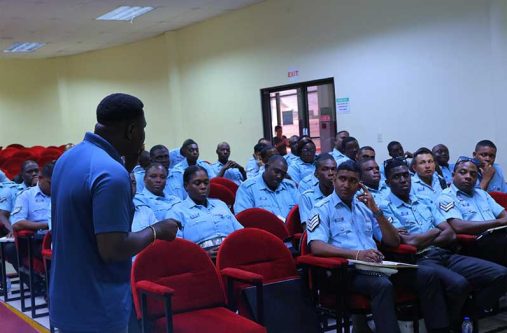 Attorney-at-Law and Superintendent of Police, Delon Fraser, delivers comprehensive insights into the legal framework that governs elections in Guyana to the traffic ranks during the session held at  Officers' Training Centre in Eve Leary