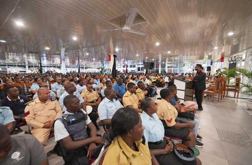 Commander-in-Chief, Dr. Irfaan Ali, speaks to ranks and officers at the GPF Headquarters on Wednesday morning, underscoring the benefits of free access to higher education, improved working conditions, and a new performance-based accountability system