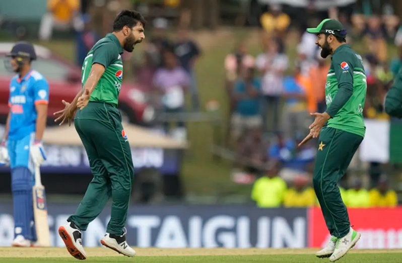 Haris Rauf was taken for runs early on, but struck back with Shreyas Iyer's wicket (Associated Press)