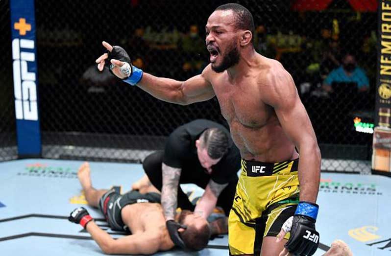 FLASH BACK! Carlston Harris reacts after his submission victory over Christian Aguilera in a welterweight fight during the UFC Fight Night event at UFC APEX on May 08, 2021 in Las Vegas, Nevada. (Photo by Chris Unger/Zuffa LLC)