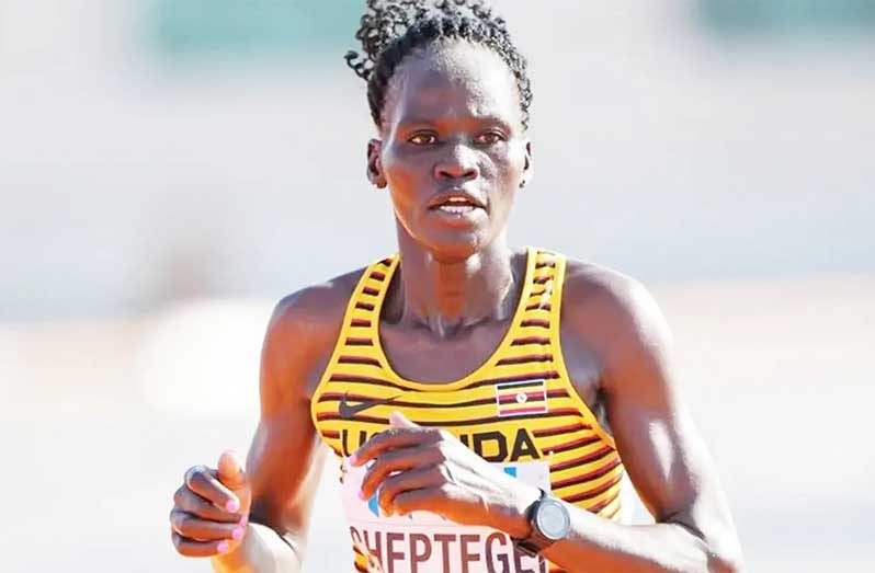 Rebecca Cheptegei, pictured running last year, came 44th in the marathon at the Paris Olympics