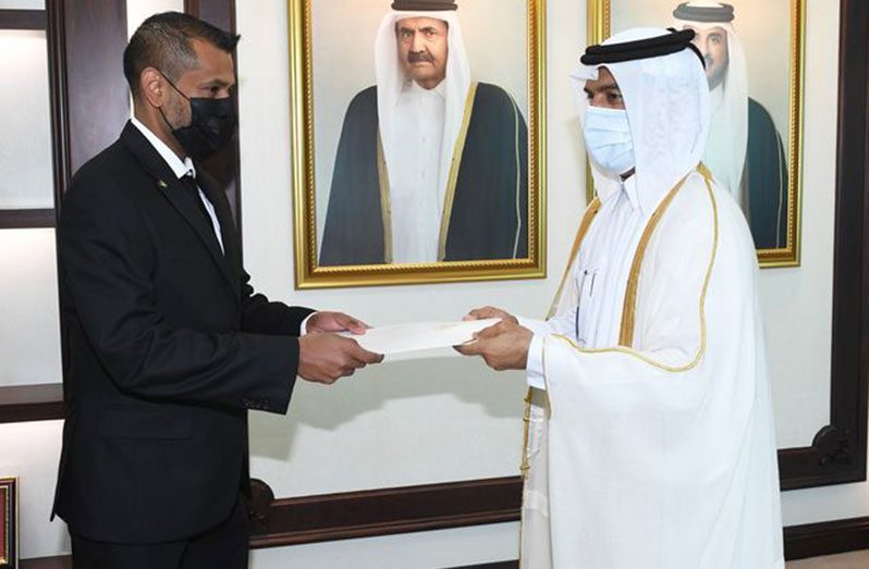 Safraaz Ahmad Shadood, Guyana’s Ambassador to Qatar, presenting his Letter of Credence to His Excellency Dr. Ahmed bin Hassan Al Hammadi, Secretary-General of the Ministry of Foreign Affairs of Qatar on Wednesday
