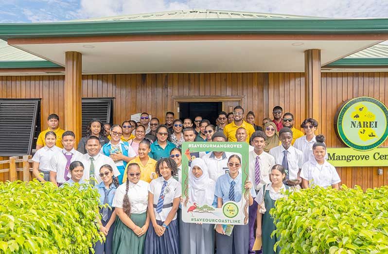 In the photo are the Top 20 National Finalists of SHOUT4CHANGE and Recover Guyana and NAREI teams