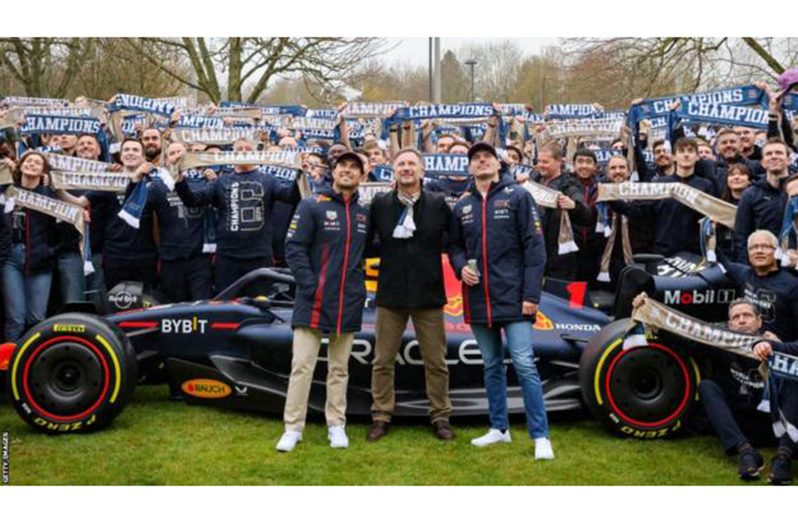 Sergio Perez, Christian Horner and Max Verstappen were greeted by 2,000 Red Bull staff at a Milton Keynes homecoming parade