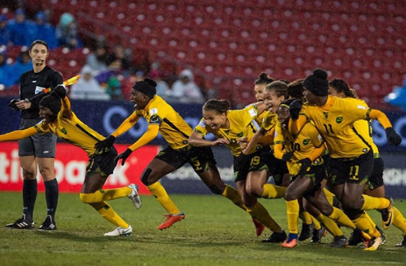 The Reggae Girlz celebrating their victory over Panama which sends them to the 2019 Women’s World Cup in France