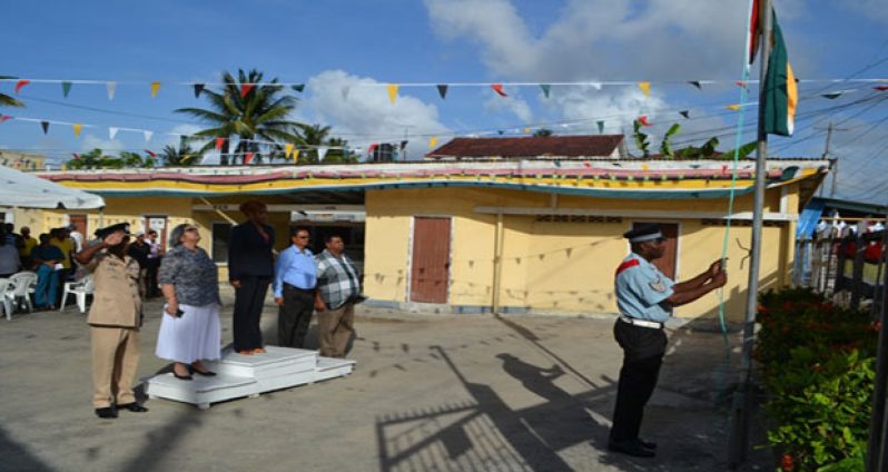 Minister of Public Service Dr. Jennifer Westford, People’s Progressive Party Civic (PPP/C) Region Three, Member of Parliament (MP) Bibi Shaddick and Region Three Chairman Julius Faerber observe the hoisting of the Golden Arrowhead in the RDC compound