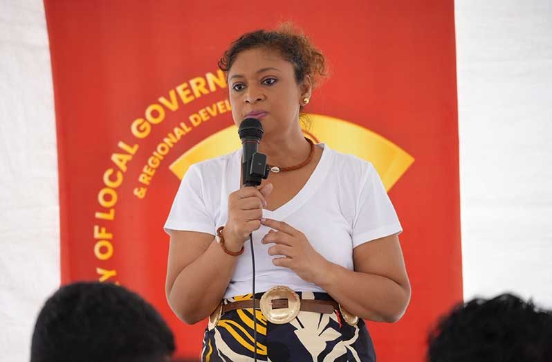 Minister of Local Government and Regional Development Priya Manickchand delivers remarks during Saturday’s sod-turning ceremony for the new $1.5 billion Pouderoyen Market (Sachin Persaud photo)