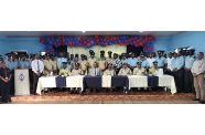 Commissioner of Police, Clifton Hicken (seated centre), flanked by GPF Executive Leadership Team, including Deputy Commissioners Ravindradat Budhram, Errol Watts, Wendell Blanhum, and Simon McBean, along with ranks of the division