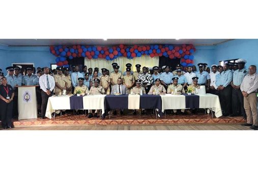 Commissioner of Police, Clifton Hicken (seated centre), flanked by GPF Executive Leadership Team, including Deputy Commissioners Ravindradat Budhram, Errol Watts, Wendell Blanhum, and Simon McBean, along with ranks of the division