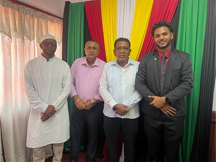 Minister of Agriculture, Zulfikar Mustapha (third from left), incoming Member of Parliament, Zamal Hussain (second from left), along with new Chairman elect, Junior Basant (right) and Vice Chairman elect, Wajid Shaheed Khan (left)