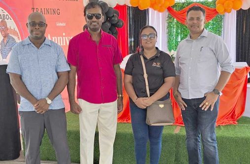 R3PSInc Head, Halim Khan (second from left), and Regional Executive Officer (REO) for Region Three, Devanand Ramdatt (extreme right) with BIT Technical Officer, Devika Ramsewak and another official at the Try-A-Skill Exhibition and Fair at the West Central Mall in Leonora