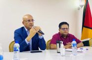 Vice President Dr. Bharrat Jagdeo and Senior Minister in the Office of the President with responsibility for Finance, Dr. Ashni Singh, during the meeting with Region Two contractors