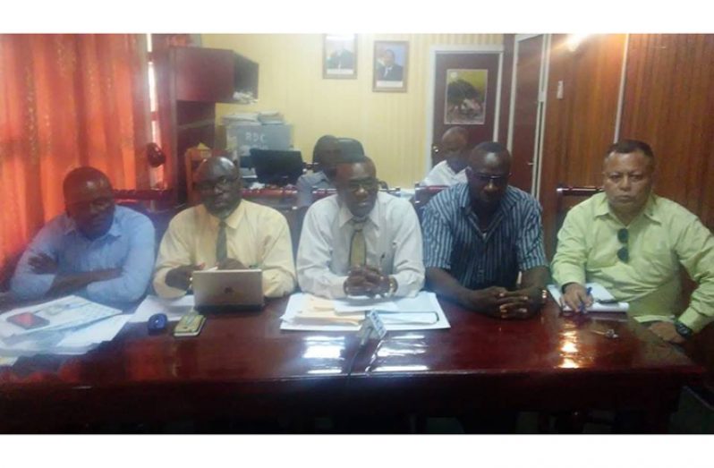 from left, Councillor Lennox Gasper, GWI Linden Manager Rawle Friday, Regional Chairman Renis Morian, Deputy Mayor Wainwright Bethune and Councillor Antonio Hackette