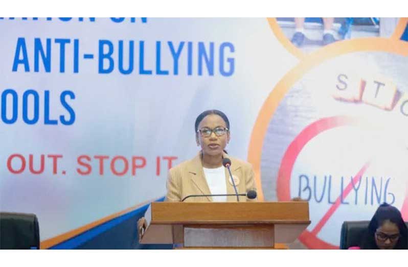 Minister of Home Affairs, Oneidge Walrond, speaking at the national anti-bullying consultation on Saturday