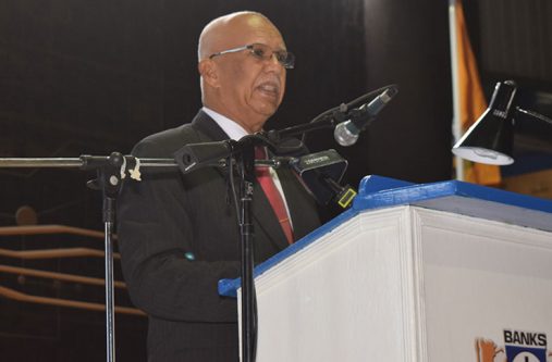 Chairman and Managing-Director Clifford Reis delivering his report during Banks DIH’s 61ST Annual General Meeting at Thirst Park, Georgetown.
