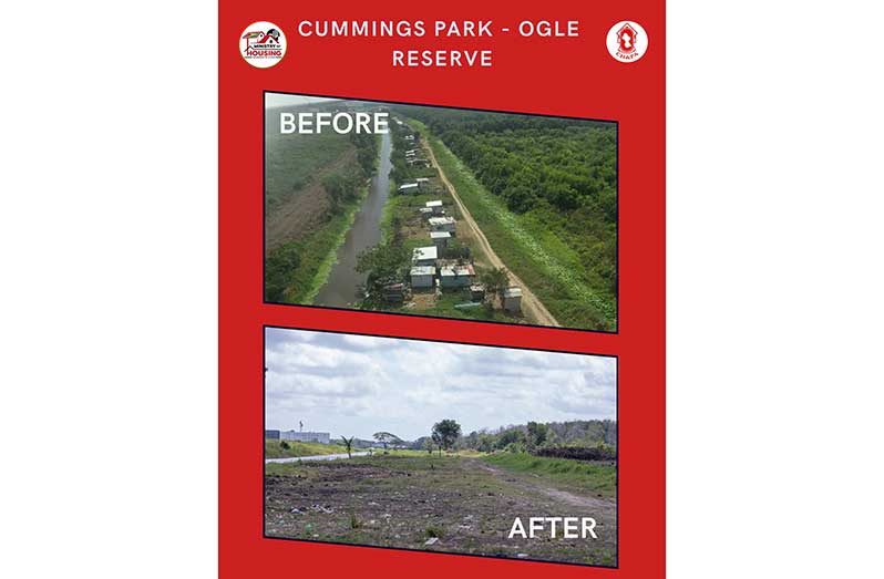 All 89 households that were illegally occupying the Cummings Park Reserve (extending from Ogle to the east and Sophia to the west) have now been successfully relocated to sustainable housing schemes along the East Coast of Demerara