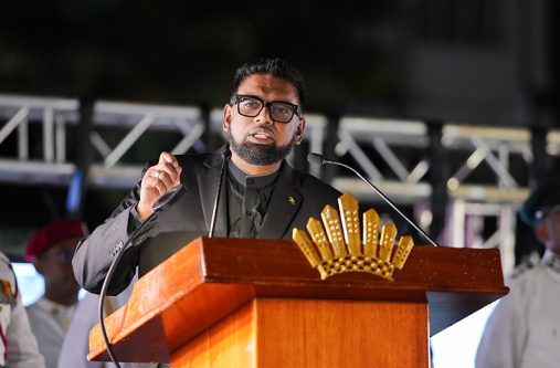 President Dr. Irfaan Ali, during the flag-raising ceremony for Guyana’s 55th Republic Anniversary at the Public Buildings, on Brickdam, reminded Guyanese of how the nation’s democracy is standing on solid ground