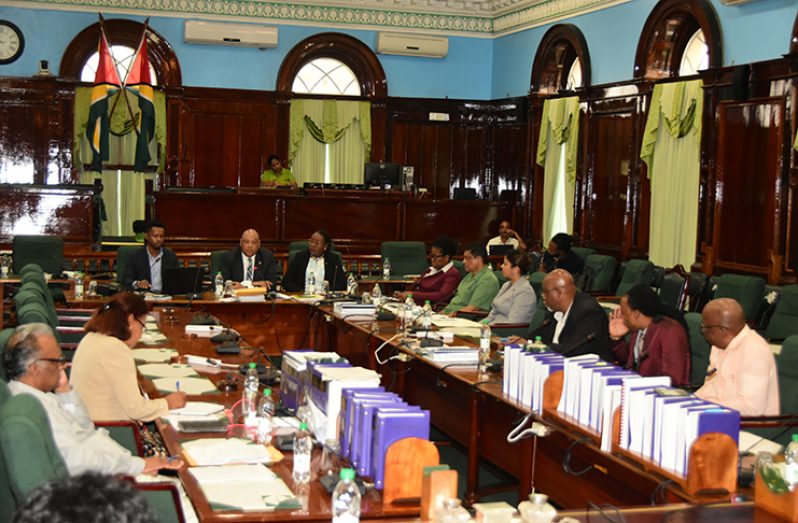 Minister of Natural Resources (centre) Raphael Trotman updates the Parliamentary Sectoral Committee on Natural Resources on Friday. Seated to his right, is Minister within the Ministry of Natural Resources Simona Broomes (Adrian Narine photo)