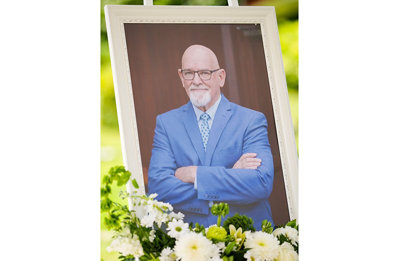 A portrait of the late Bishop Patrick Findlay displayed at the Homegoing Service, honouring his enduring contribution to Guyana’s public life and spiritual community