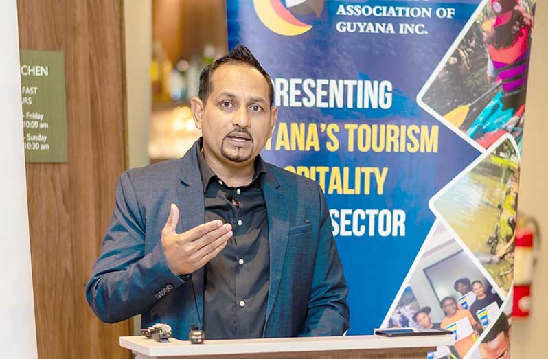Tourism and Hospitality Association of Guyana (THAG) President Mitra Ramkumar speaking at Monday’s launch on the expansion and direction of Restaurant Week (Delano Williams photos)