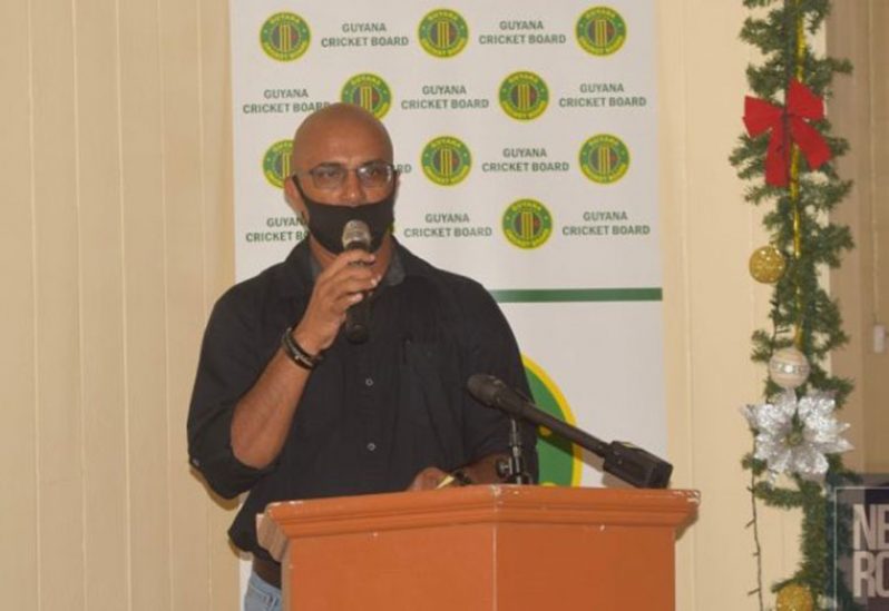 The late Reyaz Hussain addressing the audience at the GCB function on Wednesday night last.