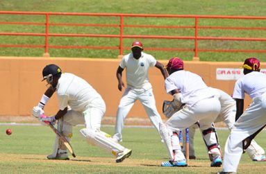 Guyana Jaguars’ first innings centurion Narsingh Deonarine plays a forward defensive stroke during his side’s first round contest against Leeward Islands at the Guyana National Stadium, Providence. (Photo by Adrian Narine)