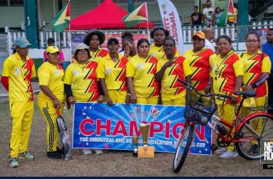 FLASHBACK: The victorious Rising Stars players pose with their winnings after capturing the women’s category at the One Guyana Unification Tournament. (News Room picture)