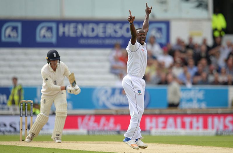 Kemar Roach traps Tom Westley lbw for 3 to boost West Indies' confidence.