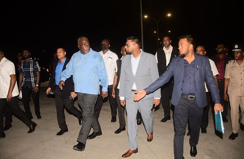 President, Dr. Irfaan Ali; Prime Minister, Brigadier (Ret’d) Mark Phillips; Minister of Housing and Water, Collin Croal and other officials walk the length of the newly commissioned Mandela to Eccles four-lane highway (Adrian Narine photo)
