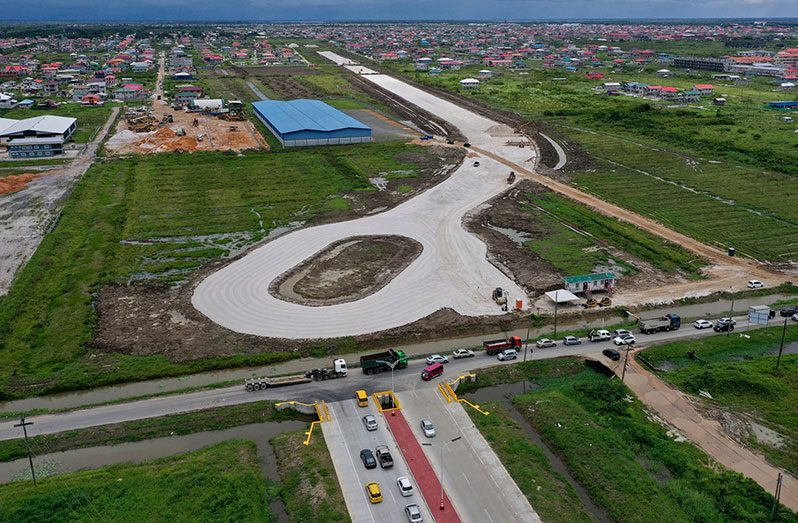 An aerial view of construction ongoing at the new Eccles to Great Diamond four-lane highway (Sydel Thomas photo)