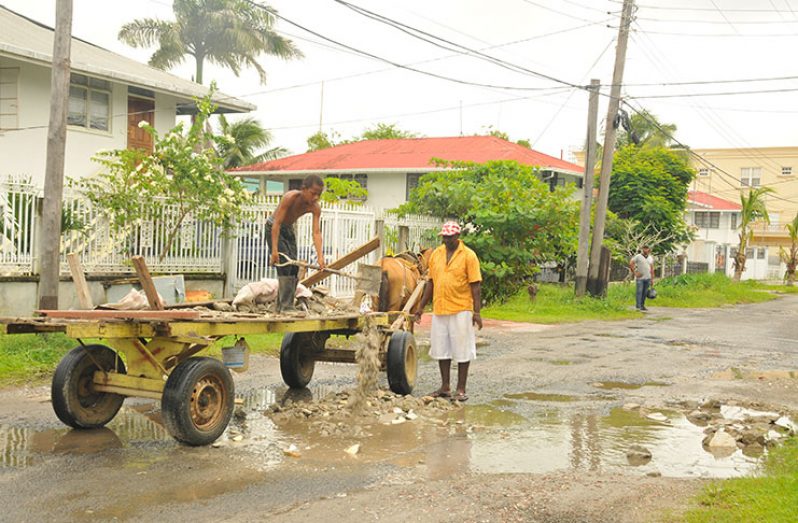 Alan Ali watches as his young relative deposits some of the builder’s waste into the pothole along Rupununi Street, Bel Air Park