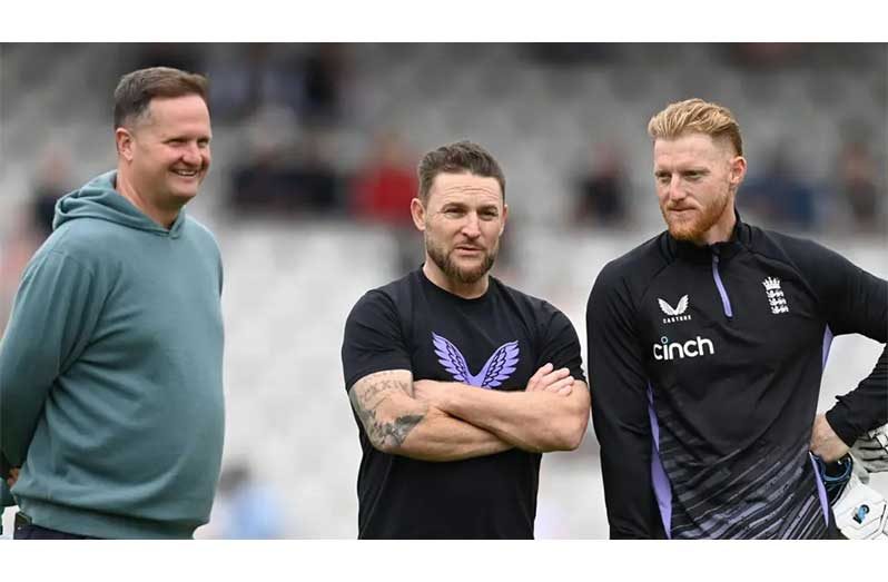 Rob Key (left), England head coach Brendon McCullum and captain Ben Stokes will lead England to Australia
