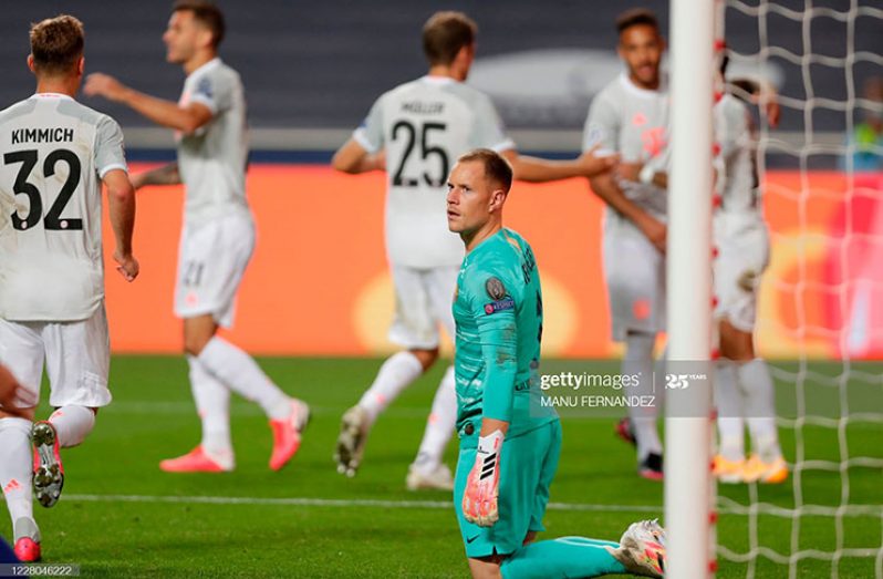 Barcelona's German goalkeeper Marc-Andre Ter Stegen reacts after conceding an eighth goal during the UEFA Champions League quarter-final football match vs Bayern Munich at the Luz stadium in Lisbon ysterday. (Photo by Manu Fernandez/Pool/AFP) (Photo by Manu Fernandez/Pool/AFP via Getty Images)