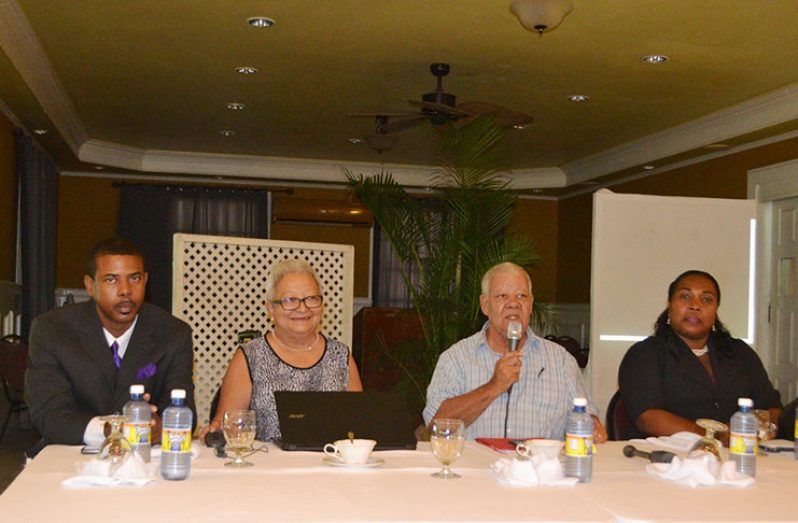 Businessman and tourism advocate Robert Pitcher (with microphone), addresses questions as his staff look on. President and CEO of the company, Juliet Pitchers is at his right
