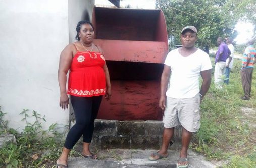 The Jonases standing beside the water wheel that was constructed to provide Rockstone with electricity