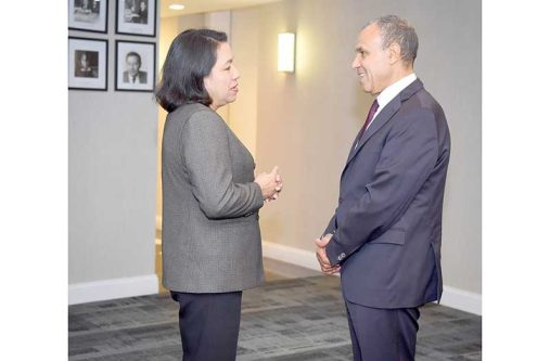 Guyana’s candidate for United Nations Secretary-General, Ambassador Carolyn Rodrigues-Birkett, presents her candidacy to Egyptian Foreign Minister Badr Abdelatty during an engagement on the margins of the 81st session of the UN General Assembly in New York
