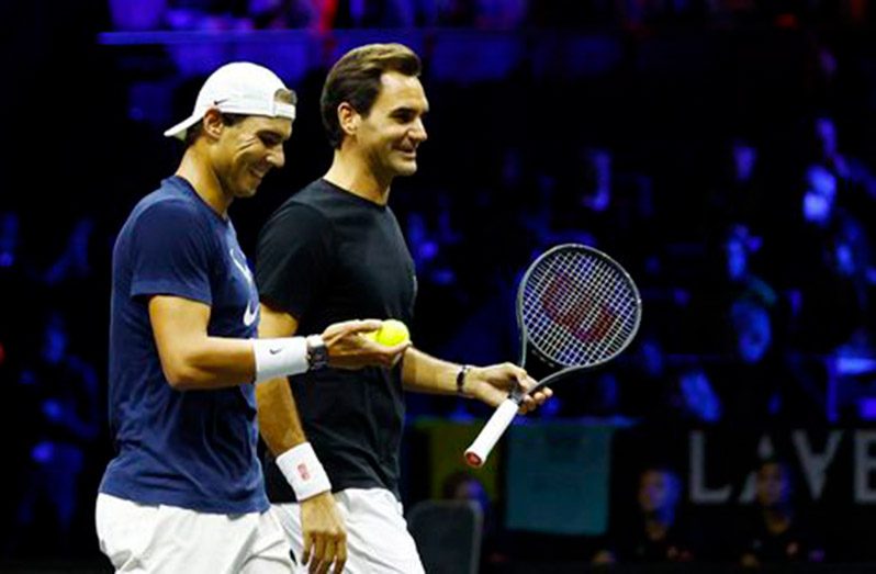 Team Europe's Roger Federer and Rafael Nadal during practice (Action Images via Reuters/Andrew Boyers)